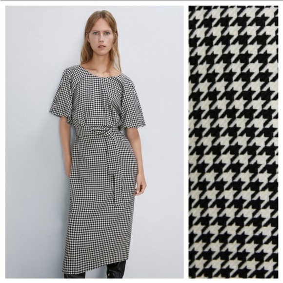 Zara Women Houndstooth Midi Dress Black White Balloon Sleeves Size M - Picture 2 of 16